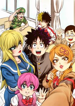 Rule 34 | 3girls, 4boys, black hair, blonde hair, blue eyes, blue serafuku, brown eyes, classroom, gakuran, green eyes, group picture, heart hairclip, highres, himawari ranna, hinomoto masaru, iinuma haruya, kijima kouta, lips, looking at another, looking at viewer, low twintails, multicolored hair, multiple boys, multiple girls, nakamura yuji, official art, open mouth, orange hair, osanada sayuri, pentagram, pink hair, rokudou no onna-tachi, rokudou tousuke, school uniform, selfie, serafuku, sitting, tachibana tsubaki (rokudou no onna-tachi), twintails, two-tone hair, waving