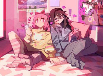 2girls akemi_homura animal_print bed black_hairband blush bow brown_hair brown_skirt cat_print cellphone closed_mouth commentary controller electric_guitar english_commentary game_controller glasses grey_leggings grey_sweater guitar hair_bow hairband heart heart_print highres holding holding_controller holding_game_controller holding_phone instrument kaname_madoka knee_up kneehighs leggings long_sleeves looking_at_another looking_to_the_side mahou_shoujo_madoka_magica medium_hair moon_print multiple_girls notice_lines on_bed phone pillow pink_bow pink_eyes pink_hair pink_nails pink_socks poster_(object) puffy_long_sleeves puffy_sleeves purple_eyes purple_nails red-framed_eyewear sidelighting skirt smartphone socks sparkle_print striped_clothes striped_socks sweater togekk0 window yellow_sweater