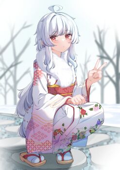 Rule 34 | 1girl, absurdres, ahoge, bare tree, blurry, blurry background, brown sandals, closed mouth, commentary request, day, depth of field, floral print, fur collar, highres, japanese clothes, kimono, long hair, long sleeves, looking at viewer, moyoron, obi, original, outdoors, print kimono, red eyes, sandals, sash, seigaiha, socks, solo, squatting, tabi, tree, v, very long hair, white hair, white kimono, white socks, wide sleeves, yagasuri