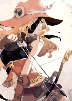 1girl arrow_(projectile) bare_shoulders belt blonde_hair bow_(weapon) clothing_cutout etrian_odyssey eyepatch fingerless_gloves gloves green_eyes hat hat_feather highres holding holding_arrow holding_bow_(weapon) holding_weapon knife long_hair navel_cutout one_eye_covered ranger_(sekaiju) ranger_4_(sekaiju) sekaiju_no_meikyuu sekaiju_no_meikyuu_1 tsutsugano weapon
