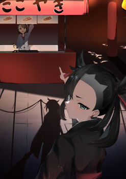 2girls :d absurdres arm_up asymmetrical_bangs batter black_hair black_kimono black_nails brown_eyes brown_hair cardigan commentary_request earrings food gloria_(pokemon) green_eyes grey_cardigan hair_ribbon highres japanese_clothes jewelry kimono koorishisei looking_at_viewer marnie_(pokemon) medium_hair multiple_girls nintendo open_mouth pointing pointing_at_another pokemon pokemon_swsh ribbon shadow shop short_hair smile stud_earrings takoyaki takoyaki_pan twintails undercut waving