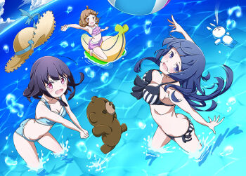 3girls ball beachball bikini black_bikini blue_bikini blue_hair breasts cleavage commentary_request haru_(henkei_shoujo) hat henkei_shoujo itsuki_(henkei_shoujo) multiple_girls ocean official_art pink_eyes rabbit rin_(henkei_shoujo) straw_hat stuffed_animal stuffed_toy swimsuit teddy_bear water