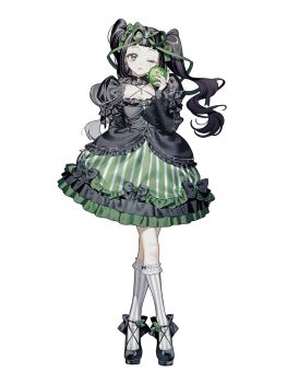 1girl apple black_bow black_eyes black_hair black_shoes blunt_bangs bow bridal_gauntlets brooch cleavage_cutout closed_mouth clothing_cutout corset dress earrings flower food footwear_bow footwear_flower frilled_dress frilled_socks frills fruit full_body green_apple green_bow green_ribbon green_skirt hair_bow hair_ribbon head_tilt high_heels highres holding holding_food holding_fruit jewelry juliet_sleeves kneehighs lace lace_sleeves light_smile lolita_fashion long_hair long_sleeves nanoka_san one_eye_closed original puffy_sleeves ribbon shoes simple_background skirt sleeve_bow socks solo standing striped_clothes striped_skirt striped_socks twintails vertical-striped_clothes vertical-striped_skirt vertical-striped_socks white_background