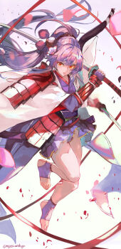 1girl absurdres armor bad_id bad_pixiv_id flower hair_between_eyes hair_flower hair_ornament highres holding holding_sword holding_weapon japanese_armor japanese_clothes katana kusazuri long_hair looking_at_viewer nagasawa_tougo original petals pink_hair ponytail shoulder_armor sode sword twitter_username weapon yellow_eyes