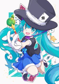 1girl ace_(playing_card) aqua_eyes aqua_hair black_jacket blue_dress boots card commentary_request dress full_body gem gloves green_gem hair_between_eyes hair_ornament hat hatsune_miku highres holding holding_wand jacket knee_boots long_hair magical_mirai_(vocaloid) magical_mirai_miku magical_mirai_miku_(2013) official_alternate_costume official_alternate_hairstyle open_mouth playing_card short_sleeves smile solo star_(symbol) star_in_eye symbol_in_eye top_hat twintails very_long_hair vocaloid vorusan_(volver39) wand white_boots white_gloves