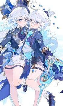 Rule 34 | 2girls, ascot, asymmetrical gloves, black ascot, blue ascot, blue gem, blue hair, blue hat, blue jacket, blue pupils, blush, commentary request, cosplay, cowlick, drop-shaped pupils, eyelash ornament, focalors (genshin impact), furina (genshin impact), furina (genshin impact) (cosplay), gem, genshin impact, gloves, hat, heterochromia, highres, hydro symbol (genshin impact), jacket, mismatched gloves, mismatched pupils, multicolored hair, multiple girls, ouji fashion, shinoo0915, splendor of tranquil waters (genshin impact), streaked hair, symbol-shaped pupils, top hat