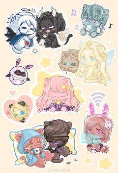 &gt;_&lt; &gt;_o =_= absurdres angel_and_devil angel_wings animal animal_ear_headphones animal_ear_piercing animal_ears animal_focus animalization apple assault_rifle barbell_piercing bare_shoulders black-framed_eyewear black_dress black_hair black_halo black_leotard black_wings blonde_hair blue_butterfly blue_cloak blue_eyes blue_hair blue_jacket blue_wings blush_stickers bracelet brown_hair bug butterfly butterfly_on_hand butterfly_on_nose cat character_request charmonroe_(shining_nikki) chewing circlet cloak closed_eyes closed_mouth clothed_animal colored_eyelashes demon_wings dress drink ear_piercing ears_through_headwear eating elbow_gloves eyewear_on_head fairy_wings fake_animal_ears fangs feathered_wings fighting flower food food_bite fruit gloves goddess_of_desire_(shining_nikki) gold_circlet gown green_eyes gun hair_between_eyes hair_ornament hair_over_shoulder halo hand_on_own_chin headphones heart highres holding holding_drink holding_food holding_fruit holding_gun holding_star holding_tablet_pc holding_weapon hood hood_down hood_up hooded_cloak hooded_jacket horn_flower industrial_piercing insect jacket jewelry leonid_(shining_nikki) leotard lightning_bolt_symbol lipstick_mark long_dress long_hair lying medium_hair messy_hair milk_carton modric_(shining_nikki) multicolored_leotard musical_note nape_braid netga_(shining_nikki) nikki_(nikki) nikki_(series) no_humans no_mouth on_stomach one_eye_closed open_clothes open_jacket open_mouth ophelia_(shining_nikki) outline parted_bangs pawpads piercing pillow pink_hair plant playing_games polishing ponytail print_dress purple_dress purple_eyes purple_gloves purple_scarf rabbit_ear_headphones rabbit_ears red_hair rifle robot rose scarf shining_nikki short_hair short_ponytail simple_background skeletal_wings sleeveless sleeveless_dress solid_oval_eyes star_(symbol) star_hair_ornament star_print star_sea_(nikki) strapless strapless_dress sunglasses tablet_pc teeth traditional_halo triangular_eyewear two-tone_leotard upper_teeth_only v-shaped_eyes very_long_hair vines watermark wavy_hair weapon weibo_watermark white_cloak white_gloves white_hair white_leotard white_outline white_wings wings xiaoyu_qixing yeeso_(shining_nikki) yellow_background yellow_flower yellow_rose