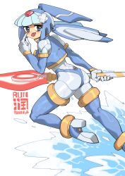 Rule 34 | 1girl, andorlier, android, armor, artist logo, blue armor, blue eyes, blue footwear, boots, crop top, fairy leviathan (mega man), forehead jewel, helmet, high heel boots, high heels, highres, holding, holding polearm, holding weapon, looking at viewer, looking back, mega man (series), mega man zero (series), polearm, robot girl, simple background, solo, spear, thigh boots, tongue, tongue out, water, weapon, white background