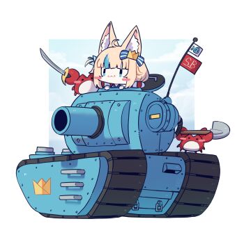 1girl ahoge animal_ear_fluff animal_ears blonde_hair blue_eyes blue_streaks cat_ears caterpillar_tracks commentary english_commentary flag highres indie_virtual_youtuber military_vehicle motor_vehicle multicolored_hair saber_(weapon) sameko_saba shovel streaked_hair sword tank virtual_youtuber weapon yuudai1998