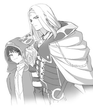 2boys black_hair blonde_hair cloak closed_mouth commentary_request cowboy_shot dede_(qwea_00000) facial_mark fandaniel final_fantasy final_fantasy_xiv forehead_mark greyscale highres hood hood_up jewelry korean_commentary light_smile long_hair looking_at_viewer monochrome multiple_boys necklace ornate_clothes short_hair sketch white_background white_cloak zenos_yae_galvus