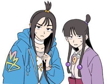 2girls ace_attorney bead_necklace beads black_eyes black_hair blue_hoodie choker crossover ear_piercing half-closed_eyes hand_in_own_hair hanten_(clothes) hood hoodie jacket japanese_clothes jewelry kimono lida_(pokemon) long_sidelocks looking_at_viewer low-tied_sidelocks magatama magatama_necklace maya_fey mmachoii multiple_girls necklace nintendo obi parted_lips piercing pokemon pokemon_legends:_z-a purple_jacket raised_eyebrows red_sash sash shirt sidelocks sweatdrop topknot upper_body white_background white_choker white_kimono white_shirt
