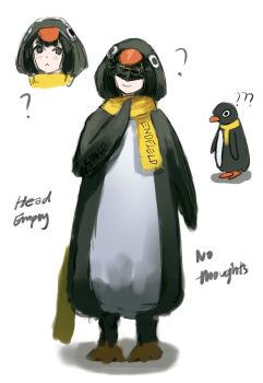 1girl :&lt; ? ?? absurdres animal_costume arknights arknights:_endfield artist_name bird black_eyes black_hair closed_mouth commentary copyright_name cropped_head diamond-shaped_pupils diamond_(shape) endministrator_(arknights) english_commentary eye_mask female_endministrator_(arknights) full_body highres light_blush looking_at_viewer mask meme multiple_views no_mask no_thoughts_head_empty_(meme) penguin penguin_costume pointing pointing_at_self sakiyo shadow shawl simple_background smile symbol-shaped_pupils white_background yellow_shawl