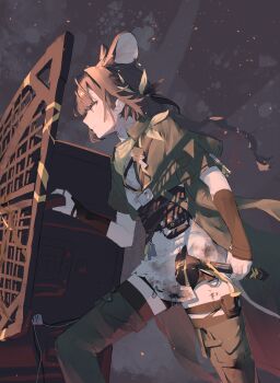 1girl absurdres animal_ears arknights ballistic_shield black_hair black_thighhighs closed_mouth coat commentary feet_out_of_frame green_coat hair_ornament hairclip hammer highres holding holding_hammer holding_shield lanyard leaning_forward long_hair looking_ahead lutonada_(arknights) mouse_ears mouse_girl sasa_fune shield short_sleeves solo standing thighhighs