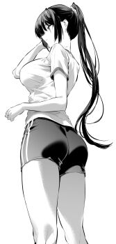 1girl ass breasts commentary_request feet_out_of_frame greyscale gym_shirt gym_shorts gym_uniform haite_kudasai_takamine-san highres hiiragi_yuuichi large_breasts long_hair monochrome ponytail shirt shorts simple_background solo standing takamine_takane white_background