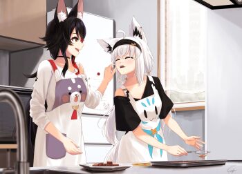 2girls :d absurdres ahoge animal_ear_fluff animal_ears animal_print apron asymmetrical_shirt baking_sheet black_hair black_hairband black_shirt chocolate closed_eyes commentary_request cooking curtains earrings eating feeding flipped_hair fox_ears fox_girl fox_tail gurifu hair_between_eyes hairband highres holding hololive jewelry kitchen long_hair long_sleeves looking_at_another low_twintails magnet miofa_(ookami_mio) multicolored_hair multiple_girls note ookami_mio ookami_mio_(hoodie) open_mouth oven paw_print plate red_hair refrigerator refrigerator_magnet shirakami_fubuki shirakami_fubuki_(loungewear) shirt short_sleeves sidelocks signature single_bare_shoulder single_earring sink sleeves_rolled_up smile spiked_hair sukonbu_(shirakami_fubuki) table tail twintails valentine very_long_hair virtual_youtuber white_apron white_shirt window wolf_ears wolf_girl yellow_eyes
