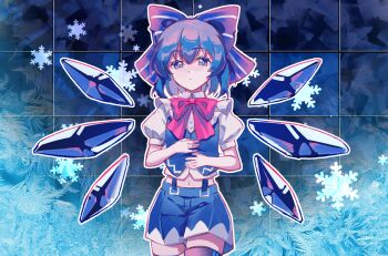 1girl alternate_costume black_thighhighs blue_background blue_bow blue_eyes blue_hair blue_shorts blue_suspenders blue_vest blue_wings bow bowtie cirno cirno_day commentary_request cowboy_shot dated_commentary detached_wings expressionless frost grid_background hair_bow hands_on_own_stomach highres ice ice_wings looking_at_viewer medium_hair midriff minuo navel puffy_short_sleeves puffy_sleeves red_bow red_bowtie shirt short_sleeves shorts snowflakes solo striped_bow thighhighs thighs touhou vest white_shirt wings