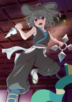 Rule 34 | 1girl, absurdres, alternate costume, animal ears, bishamonten's pagoda, black pants, clothing cutout, commentary request, commission, dowsing rod, grey hair, guminemi, highres, hip vent, holding, holding kunai, holding weapon, kunai, medium hair, mouse ears, mouse girl, nazrin, ninja, open mouth, pants, red eyes, sandals, scroll, smile, socks, solo, teeth, touhou, upper teeth only, weapon, white socks