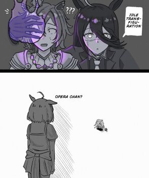 3girls ? ?? ahoge animal_ears animalization bird blood coat collared_shirt commentary crown ear_tag earrings english_commentary gloves hair_between_eyes highres horse_ears horse_girl horse_tail jewelry johnholl0w jujutsu_kaisen long_bangs long_hair long_hair_between_eyes long_sleeves manhattan_cafe_(creeping_shadow)_(umamusume) manhattan_cafe_(umamusume) meisho_doto_(umamusume) monochrome multicolored_hair multiple_girls necktie open_mouth puffy_short_sleeves puffy_sleeves sailor_collar sailor_shirt scar scar_on_face school_uniform shirt short_hair short_sleeves single_earring skirt speech_bubble spot_color t.m._opera_o_(o_sole_suo!)_(umamusume) t.m._opera_o_(umamusume) tail tracen_school_uniform umamusume