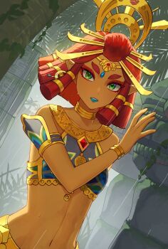Rule 34 | 1girl, blue lips, bracelet, commentary request, dark-skinned female, dark skin, gerudo, green eyes, highres, jewelry, lipstick, looking at viewer, makeup, midriff, navel, neosilleosil, nintendo, pointy ears, rain, red hair, riju, short hair, solo, stomach, the legend of zelda, the legend of zelda: tears of the kingdom