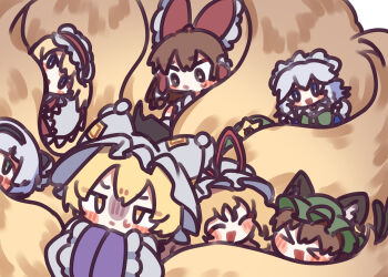 Rule 34 | > <, 6+girls, :d, alice margatroid, animal ears, blonde hair, blue eyes, blush, bow, brown eyes, brown hair, cat ears, cat girl, chen, closed mouth, commentary, fluffy, fox girl, fox tail, gloom (expression), grey hair, hair tubes, hairband, hakurei reimu, hat, hat ornament, highres, hong meiling, izayoi sakuya, kirisame marisa, kitsune, konpaku youmu, kyuubi, lolita hairband, maid headdress, mob cap, multiple girls, multiple tails, open mouth, own hands together, red bow, shigure. (tennensui), smile, star (symbol), star hat ornament, tail, touhou, two tails, witch hat, yakumo ran, yakumo yukari, yellow eyes