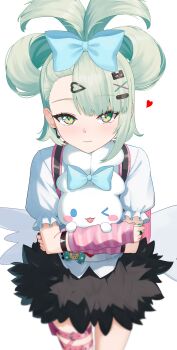 Rule 34 | 1girl, 4kebidayo, absurdres, aqua nails, arm warmers, bow, cinnamoroll, commentary request, earrings, fuwa fuwa cinnamoroll, green eyes, green hair, hair ornament, heart, heart hair ornament, highres, jewelry, legband, looking at viewer, multicolored arm warmers, nail polish, pink arm warmers, ring, sanrio, short sleeves, striped arm warmers, sunna (zenless zone zero), wings, x hair ornament, zenless zone zero