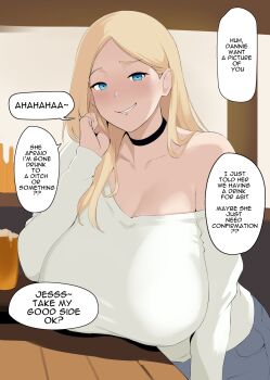 1girl alcohol beer black_choker blonde_hair blue_eyes blush breasts choker cleavage coco_(setawar) cup english_text engrish_text grin hair_behind_ear highres huge_breasts long_hair looking_at_viewer mug original parted_bang ranguage shirt single_bare_shoulder smile solo speech_bubble table white_shirt