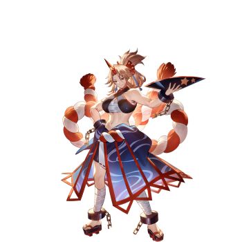 1girl alternate_costume bandaged_leg bandages blonde_hair blue_skirt breasts broken broken_chain chain chest_sarashi cleavage closed_mouth cuffs cup full_body game_cg geta highres holding holding_cup horns hoshiguma_yuugi kouhaku_nawa long_hair looking_at_viewer midriff navel non-web_source official_art oni red_eyes red_horns rope sakazuki sarashi second-party_source shackles shimenawa single_horn skirt smile solo star_(symbol) toes touhou touhou_gensou_eclipse transparent_background u_u_zan