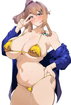 1girl alternate_costume aqua_eyes areola_slip armpits asymmetrical_hair bikini blue_jacket blush braid breasts cleavage clenched_teeth commentary cowboy_shot curvy double-parted_bangs furrowed_brow gold_bikini hair_ornament hair_scrunchie hand_on_own_hip highres jacket karja_balta large_breasts large_pasta looking_at_viewer medium_hair micro_bikini navel off_shoulder open_clothes open_jacket parted_lips purple_scrunchie scrunchie side_braid side_ponytail sidelocks simple_background single_braid single_hair_intake skindentation solo standing stomach string_bikini swimsuit teeth v v_over_eye white_background ys ys_x:_nordics
