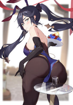 1girl absurdres alternate_costume artist_request ass bare_shoulders black_hair blush breasts cameltoe cup drinking_glass elbow_gloves food from_behind fruit genshin_impact gloves green_eyes hair_ornament hair_ribbon highres houkisei huge_ass leaning leaning_forward lemon long_hair looking_at_viewer looking_back medium_breasts mona_(genshin_impact) paid_reward_available pantyhose playboy_bunny rabbit_ears ribbon shiny_clothes shiny_skin sideboob smile solo thick_thighs thighs twintails very_long_hair