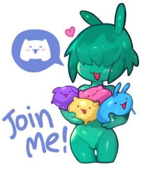 1boy :3 androgynous discord_logo english_text green_hair hair_over_eyes heart lowres monster_boy navel original outline slime_(creature) slime_boy smile solo speech_bubble toxxy transparent_background white_outline