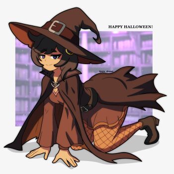 1girl alx_draws ass black_hair bookshelf breasts dark-skinned_female dark_skin dress emma_(pokemon) halloween halloween_costume hat highres long_sleeves looking_at_viewer nintendo pokemon pokemon_legends:_z-a purple_eyes shoes short_hair witch witch_hat