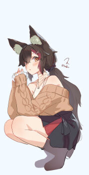 Rule 34 | animal ear fluff, animal ears, black hair, black skirt, cardigan, commentary request, highres, holding, hololive, mixed-language commentary, ookami mio, ookami mio (street), orange eyes, red hair, shoes, simple background, skirt, torokko, virtual youtuber, white background, wolf ears, wolf girl