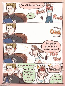 1boy 1girl 4koma comic hetero highres hogwarts_legacy ominis_gaunt original panties pants reading speech_bubble tamayula_hl topless_female underwear undressing wizarding_world