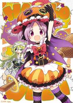 2girls :d absurdres alina_gray alina_gray_(halloween_ver.) arm_up bandaged_arm bandages black_gloves blonde_hair blush broom bubble_skirt chain choker commentary_request frills ghost gloves green_eyes green_hair halloween halloween_costume hat highres holding holding_broom itou_(ankocha-mgmg) jack-o&#039;-lantern long_hair looking_at_viewer magia_record:_mahou_shoujo_madoka_magica_gaiden magical_girl mahou_shoujo_madoka_magica mask_over_one_eye medium_hair misono_karin misono_karin_(halloween_ver.) multicolored_clothes multiple_girls official_alternate_costume open_mouth parted_bangs parted_hair pumpkin purple_eyes purple_hair ribbon sarashi skirt smile standing star_(symbol) tongue tongue_out two_side_up witch_hat