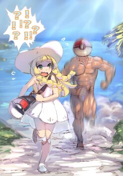 ! 1boy 1girl ? abs bag beach blonde_hair bow_(bhp) braid chasing dark-skinned_male dark_skin day dress duffel_bag dust_cloud fleeing flying_sweatdrops green_eyes grey_male_swimwear grey_swim_briefs hair_over_shoulder hat horizon kneehighs light_rays lillie_(pokemon) long_hair male_swimwear motion_blur muscular nintendo ocean open_mouth outdoors palm_tree path pokemon pokemon_sm road running scared sketch sleeveless sleeveless_dress socks spoken_exclamation_mark spoken_question_mark sun_hat sunbeam sunlight swim_briefs swimsuit tree twin_braids wavy_mouth what white_dress white_hat white_socks you_gonna_get_raped