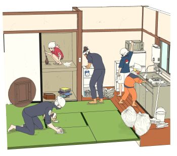 1girl 4boys alarm_clock all_fours barefoot black_hair black_mask black_pants black_shirt black_shorts blonde_hair blue_jacket bookshelf broom bucket cleaning clock dog dress facial_mark full_body haruno_sakura hatake_kakashi headscarf highres holding holding_broom holding_rag indoors jacket jumpsuit kitchen mask microwave mouth_mask multiple_boys naruto_(series) nmyuo open_mouth orange_jumpsuit orange_pants pakkun_(naruto) pants pink_hair red_dress shirt shoes shorts sink squatting sweeping trash_bag uchiha_sasuke umino_iruka uzumaki_naruto whisker_markings white_hair white_headscarf white_shoes