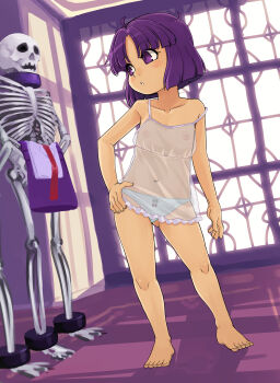1girl :3 alice_(asura_blade) asura_blade barefoot blush blush_stickers bone cuffs feet female_focus flat_chest hand_on_own_hip loli looking_away navel nipples panties parted_bangs parted_lips purple_eyes purple_hair revealing_clothes see-through_clothes shackles skeleton skull solo standing stupa13a toes underwear unworn_clothes white_panties window