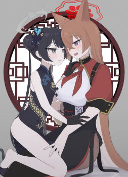 2girls absurdres animal_ears bare_shoulders black_dress black_gloves black_hair black_skirt blue_archive blush breasts brown_hair butterfly_hair_ornament china_dress chinese_clothes commentary_request dragon_print dress fox_ears fox_girl gloves grey_eyes grey_halo hair_bun hair_ornament halo hand_on_another's_arm hand_on_another's_shoulder highres kisaki_(blue_archive) large_breasts looking_at_another mephimephi multiple_girls neckerchief nervous_smile open_mouth red_halo red_neckerchief red_shirt rumi_(blue_archive) shirt short_sleeves sitting skirt sleeveless sleeveless_dress small_sweatdrop smile white_shirt yuri
