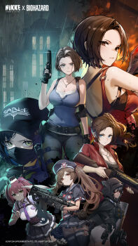 6+girls ada_wong belt black_belt black_cloak black_hat black_shirt black_skirt blue_eyes blue_shirt bow_(weapon) break-action_grenade_launcher break_action breasts brown_eyes brown_hair bullpup claire_redfield cloak closed_mouth cropped_shirt crossbow crossover d_(nikke) deipara_(nikke) dress forehead frown glock goddess_of_victory:_nikke green_eyes green_hair grenade_launcher gun handgun hat highres holding holding_crossbow holding_gun holding_weapon hood hooded_cloak jacket jewelry jill_valentine large_breasts looking_at_viewer m79 mask miranda_(nikke) mouth_mask multiple_girls necklace official_art p90 pink_hair police police_uniform quiry_(nikke) red_dress red_jacket resident_evil resident_evil_2 resident_evil_2_(remake) resident_evil_3:_nemesis resident_evil_3_(remake) shirt short_sleeves skirt star_(symbol) submachine_gun tank_top twintails weapon white_shirt