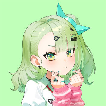 Rule 34 | 1girl, aqua nails, arm warmers, bandaid, bandaid hair ornament, closed mouth, commentary request, double finger heart, earrings, finger heart, green background, green eyes, green hair, hair ornament, heart, heart hair ornament, jewelry, looking at viewer, multiple hair clips, multiple rings, musical note earrings, necktie, pink arm warmers, portrait, red necktie, ring, shirt, solo, spark (spark845), striped arm warmers, sunna (zenless zone zero), white shirt, zenless zone zero