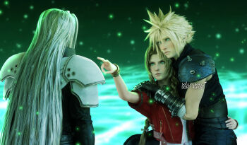 1girl 2boys 3d aerith_gainsborough aqua_eyes arm_around_back arm_around_shoulder armor armored_gloves artist_name bandaged_arm bandages bangle belt black_coat blonde_hair blue_pants blush bracelet braid braided_ponytail brown_hair cloud_strife coat don't_talk_to_me_or_my_son_ever_again_(meme) earrings final_fantasy final_fantasy_vii final_fantasy_vii_remake frown green_eyes grey_hair hand_on_another's_shoulder highres jacket jewelry lifestream long_hair meme multiple_belts multiple_boys pants parted_bangs pauldrons pointing real_husbands_of_hollywood red_jacket sephiroth short_hair shoulder_armor sidelocks single_braid single_earring single_pauldron sleeveless sleeveless_turtleneck solarasona spiked_hair turtleneck