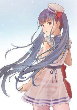 1girl amayomiyu ass bikini blue_background blue_hair blue_sailor_collar blunt_bangs blush bow breasts commentary cowboy_shot dress floating_hair frilled_dress frills from_behind hair_ornament hairclip hat hat_bow heaven_burns_red large_breasts long_hair looking_at_viewer looking_back official_alternate_costume parallel_hairclips parted_lips red_bow red_eyes sailor_collar sailor_dress satsuki_mari see-through_clothes see-through_dress simple_background sleeveless sleeveless_dress solo striped_bikini striped_clothes swimsuit twintails twitter_username very_long_hair white_bikini white_dress white_hat