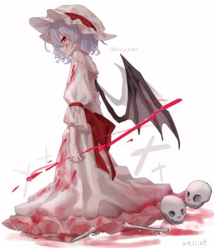 1girl bat_wings blood blood_on_clothes blood_on_face blood_on_ground bone bow bright_pupils dress frilled_hat frills hair_bow hair_ribbon hat highres long_dress looking_at_viewer misoice_ramen mob_cap purple_hair red_bow red_eyes red_ribbon remilia_scarlet ribbon short_hair simple_background skull solo spear_the_gungnir touhou twitter_username wavy_hair white_dress white_hat white_pupils wings