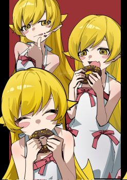 1girl blonde_hair blush donut dress eating fang food food_on_face hair_flaps hands_up highres holding holding_donut holding_food imminent_bite long_hair looking_at_viewer monogatari_(series) multiple_views myuga66666 open_mouth oshino_shinobu pink_ribbon pointy_ears red_background ribbon signature skin_fang standing white_dress yellow_eyes