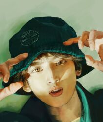 Rule 34 | 1boy, black jacket, blue hat, brown eyes, brown hair, fingernails, green background, hands on headwear, hat, highres, hood, hood down, hooded jacket, jacket, lying, male focus, mole, mole on nose, mukai kouji, on back, open mouth, painttool sai (medium), pink lips, portrait, real life, realistic, senqing411, shirt, short hair, simple background, snow man (jpop), solo, teeth, thick eyebrows, upper teeth only, white shirt