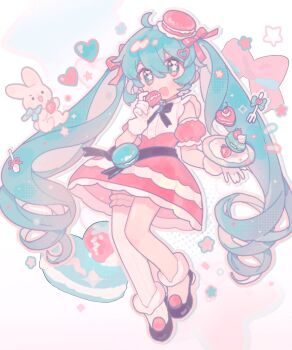 Rule 34 | 1girl, :d, ahoge, black bow, black bowtie, blue eyes, blue hair, blush, bow, bowtie, commentary, detached sleeves, dot nose, double-parted bangs, fanqiealxe, food, food-themed hair ornament, fork, frilled skirt, frilled thighhighs, frills, full body, gloves, hair between eyes, hair ornament, hatsune miku, heart, heart-shaped food, highres, holding, holding food, holding plate, long hair, looking at viewer, macaron, open mouth, plate, red skirt, red sleeves, shirt, short sleeves, single thighhigh, skirt, sleeveless, sleeveless shirt, smile, solo, standing, star-shaped pupils, star (symbol), untranslatable commentary, symbol-shaped pupils, thighhighs, vocaloid, white gloves, white shirt, white thighhighs