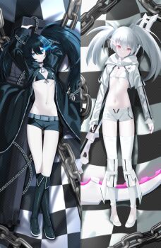 belt bikini black_bikini black_coat black_hair black_rock_shooter black_rock_shooter_(character) black_rock_shooter_(game) black_shorts blue_eyes blue_fire boots chain coat dakimakura_(medium) fire flaming_eye front-tie_bikini_top front-tie_top glowing glowing_eye highres lana_cavendish long_hair lying no_shirt pale_skin red_fire rock_cannon scar scythe shorts swimsuit twintails uneven_twintails white_bikini white_hair white_rock_shooter white_shorts