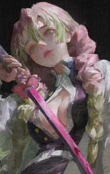 1girl absurdres belt black_background black_jacket blood bloody_weapon braid breasts cleavage closed_mouth daodtt demon_slayer_uniform gradient_hair green_eyes green_hair hair_between_eyes haori hashtag-only_commentary highres holding holding_sword holding_weapon jacket japanese_clothes kanroji_mitsuri katana kimetsu_no_yaiba large_breasts long_hair long_sleeves looking_at_viewer mole mole_under_eye multicolored_hair open_clothes painterly partially_unbuttoned pink_hair pink_lips shirt solo sword tri_braids twin_braids two-tone_hair upper_body weapon whip_sword white_belt white_shirt
