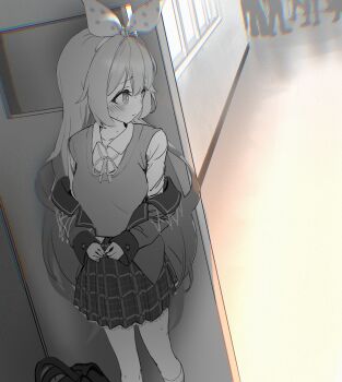 1girl absurdres artist_request blush closed_mouth collared_shirt commentary_request commission hallway hiding highres indoors jacket jacket_partially_removed korean_commentary long_hair neck_ribbon original pleated_skirt ribbon school second-party_source shirt skirt solo_focus standing sweater_vest very_long_hair