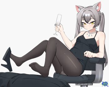 1boy 1girl absurdres all_fours animal_ear_fluff animal_ears arm_rest artist_name ass bare_shoulders black_dress black_hair black_pantyhose black_shoes black_streaks blue_nails breasts cat_ears cat_girl chair champagne_flute closed_mouth clothes_lift cocktail_dress collarbone commentary covered_navel crotch cup curled_fingers dot_nose double-parted_bangs dress dress_lift drinking_glass english_commentary eyebrows_hidden_by_hair feet fingernails foot_on_back foot_up full_body gabeyman go!_go!_gris! grey_hair hair_between_eyes hair_intakes half-closed_eyes hand_up high_heels highres holding holding_cup human_footrest jewelry knees_together_feet_apart leaning_back legs_up light_blush logo long_eyelashes long_hair looking_at_viewer looking_to_the_side milk multicolored_hair narrowed_eyes necklace office_chair on_chair out_of_frame panties panties_under_pantyhose pantyhose pantyshot pearl_necklace raised_eyebrows reclining see-through_pantyhose sheer_pantyhose shoe_dangle shoes short_dress sidelocks signature simple_background single_shoe sitting sleeveless sleeveless_dress slit_pupils small_breasts smile solo_focus spaghetti_strap streaked_hair striped_blush swivel_chair thick_eyelashes thighs timestamp toes tsurime twintails two-tone_hair underwear upskirt very_long_hair viska_(go!_go!_gris!) white_background yellow_eyes